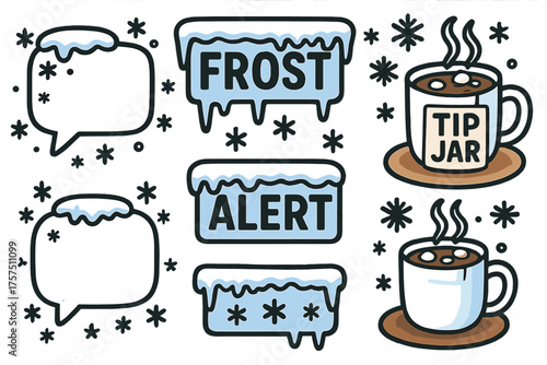 Frost alert signs and a warm cup of coffee in a winter landscape filled with snowflakes and chill
