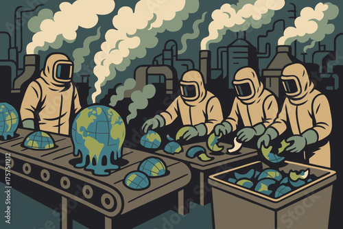 Workers in protective suits assemble parts of the Earth in a factory setting under smoke-filled skies and industrial structures