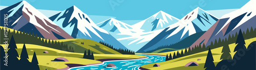 Alpine mountain panorama with snowy summits and river valley