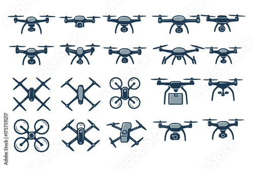 Various types of drones in a grid layout showcasing different designs and features for potential uses and applications