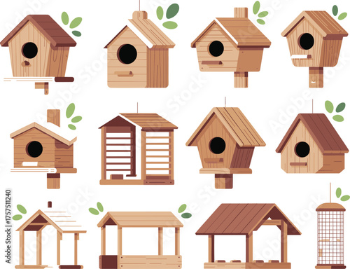 Wooden birdhouses and feeders collection, flat vector illustration of handmade nesting boxes and garden shelters for birds, eco outdoor decor.