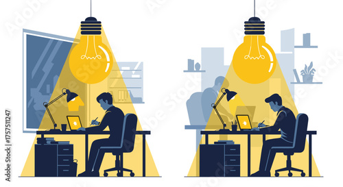 Illustrations of a person working under a bright light bulb symbol of idea creation