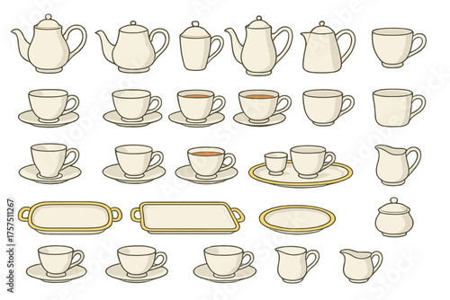 Collection of simple and elegant tea and coffee cups with matching utensils on a white background for artistic design inspiration