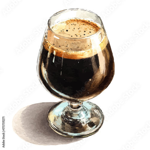 Dark Stout Beer In Glass, watercolor painting vector, isolated on a white background.