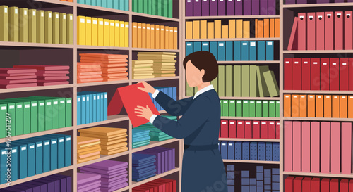 Librarian Organizing Colorful Binders and Books on Shelves in a Library