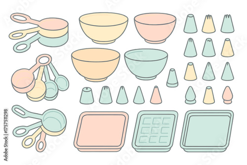 Colorful baking tools and measuring cups arranged on a light background for creative kitchen activities