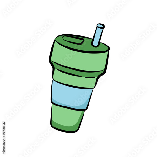 Doodle reusable coffee cup with eco logo, zero waste lifestyle concept on white background
