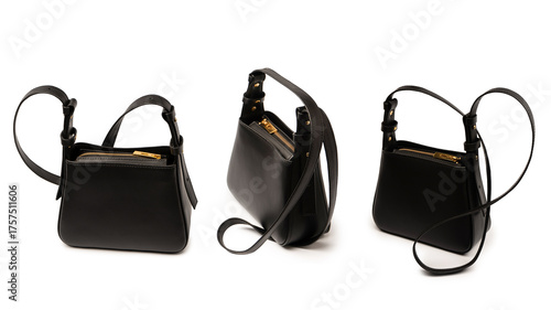 Black small leather cross body bag isolated on a white background.