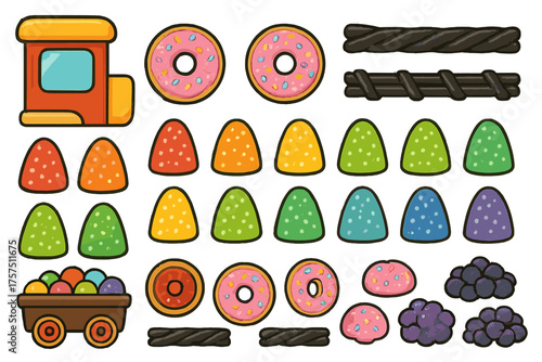 Bright and colorful toy candy train with candy shapes for fun playtime activities in a cheerful setting