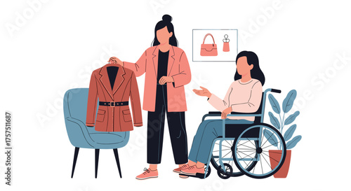 Fashion stylist helps woman in wheelchair select stylish clothing for her wardrobe