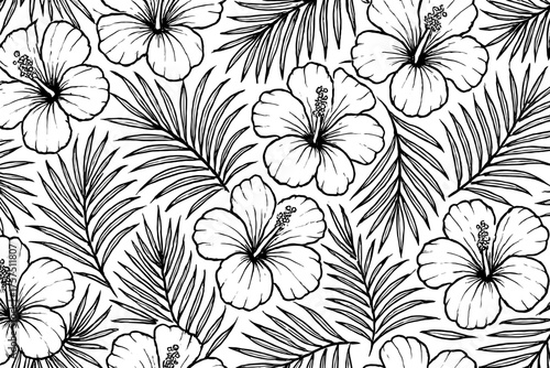 Floral pattern featuring hibiscus flowers and palm leaves on a white background