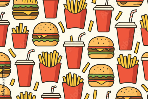 Colorful pattern of burgers, fries, and drinks featuring playful illustrations in vibrant colors