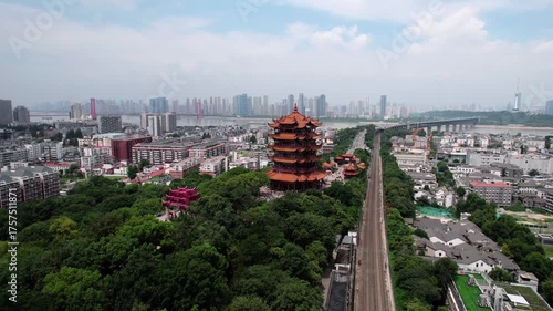 Aerial view of the Yellow Crane Tower, an ancient landmark in Wuhan, China