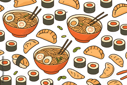 Colorful pattern of noodles, sushi, and dumplings showcases delicious Asian cuisine in a playful design