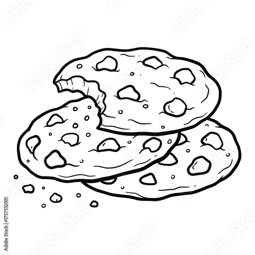 Delicious chocolate chip cookies stacked with a bite taken out of the top cookie illustration