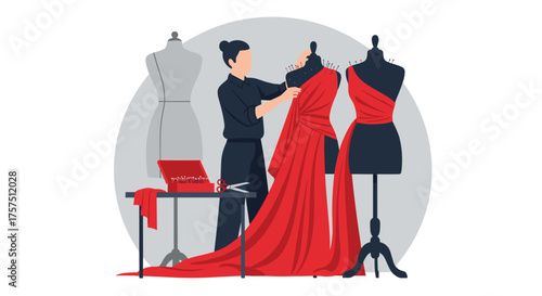 Fashion designer working on a red dress on a mannequin in a studio with other dress forms