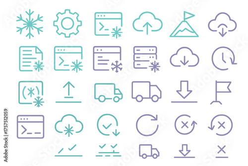 Minimalistic icons representing various functions and activities related to technology and data management