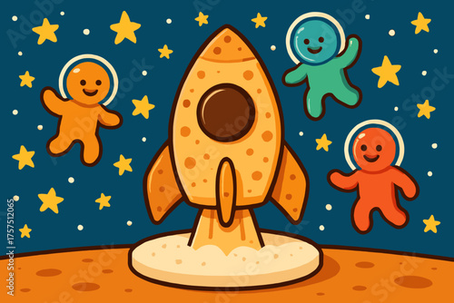 Cute rocket launch illustration with colorful astronauts exploring space at night
