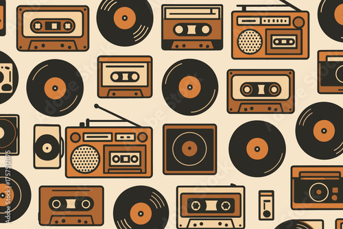 Vintage music elements including cassette tapes and vinyl records for retro design inspiration