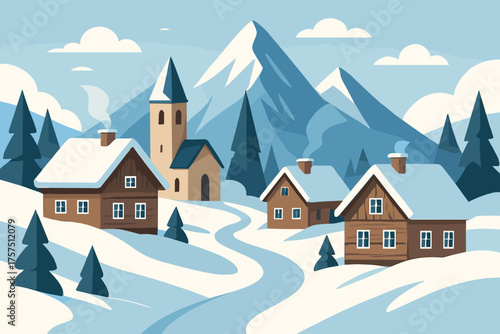 Winter village scene with snow-covered houses and mountains under a blue sky