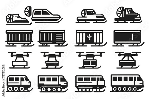 Various types of transportation icons including hovercrafts, freight cars, and drones displayed in a grid layout