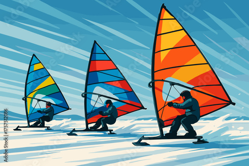 Wind surfers glide across icy terrain under a bright blue sky during an exhilarating winter day