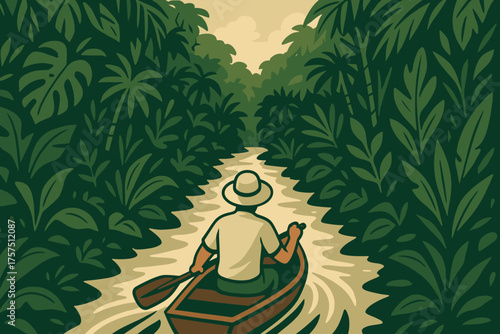 Exploring a serene river through lush greenery in a small wooden boat at dawn