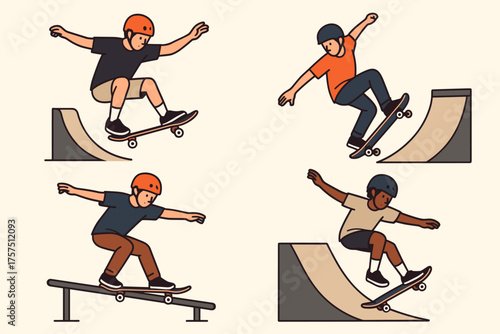 Young skateboarders performing tricks in a skate park during sunny afternoon