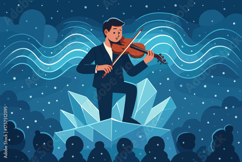 Violinist performs on ice structure during a winter night concert under a starry sky