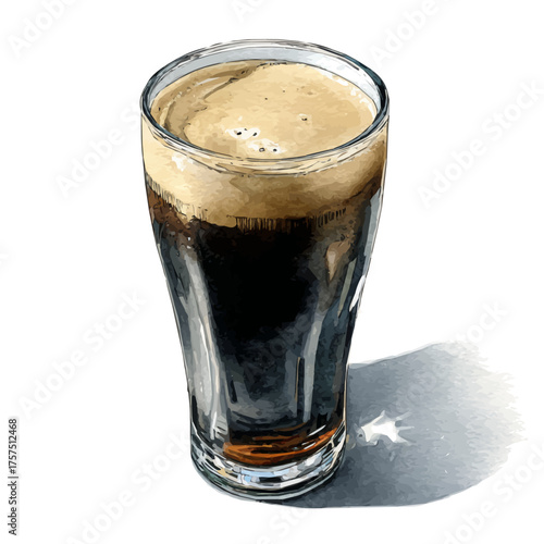Dark Stout Beer In Glass, watercolor vector, isolated on a white background.