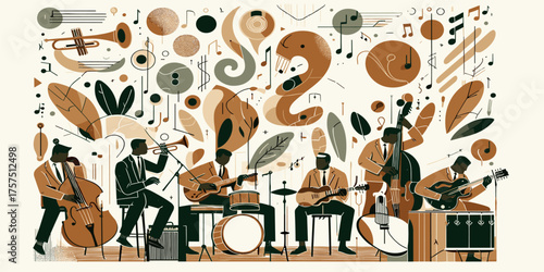 Lively abstract illustration of a jazz band performing with brass, drums, and string instruments, surrounded by musical notes and organic shapes, capturing soulful rhythm and harmony