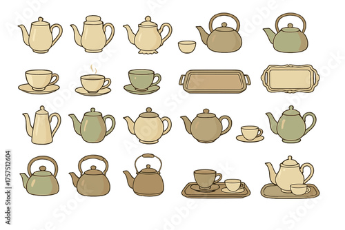 Various styles of teapots and tea cups arranged in a decorative collection with simple lines