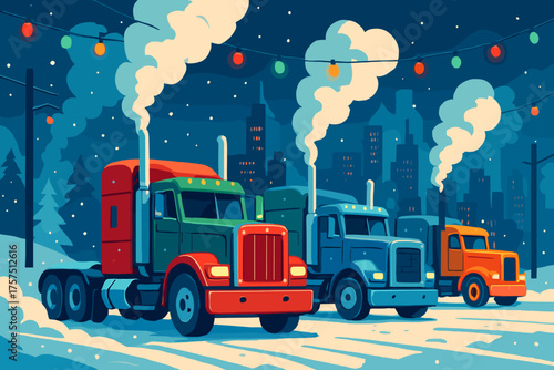 Trucks lined up in a snowy city during winter festivities with colorful lights
