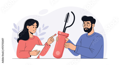 A Man and Woman Discussing a Large Mascara Wand for Makeup Application