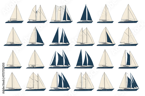 Collection of sailboats in varied designs showcasing different sail shapes and colors during a sunny day
