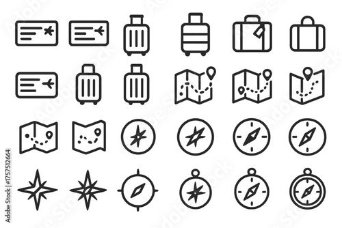 Travel icons depicting luggage, maps, and compasses for travel planning and exploration adventures