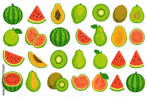 Colorful assortment of fresh fruits including watermelon, kiwi, and papaya arranged on a white background for a vibrant and healthy display