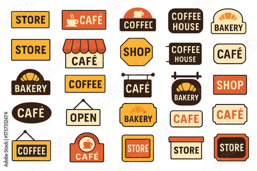 Bright colorful signage for cafes, bakeries, and shops displayed together in a collage