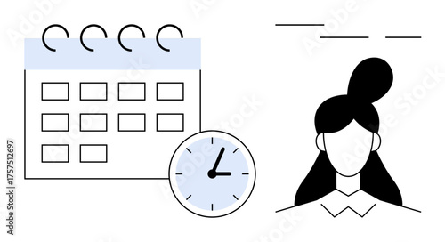 Calendar with marked dates, clock indicating time, and minimalist woman silhouette. Ideal for scheduling, planning, productivity, time management, organization deadlines efficiency. Simple flat