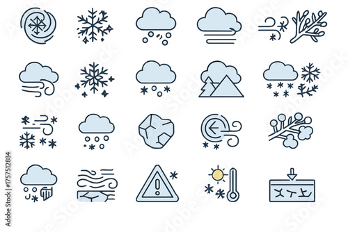 Weather symbols representing various conditions like snow, rain, wind, and temperature changes in a clear design