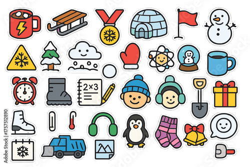 Winter fun with various icons representing snowy activities, weather, and festive elements in a colorful and playful illustration