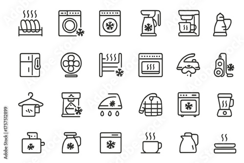 Icons depicting various kitchen and household appliances and tools for cooking, cleaning, and home maintenance