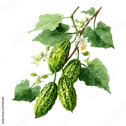 Bitter Melon On Vine Set, watercolor painting vector, isolated on a white background.