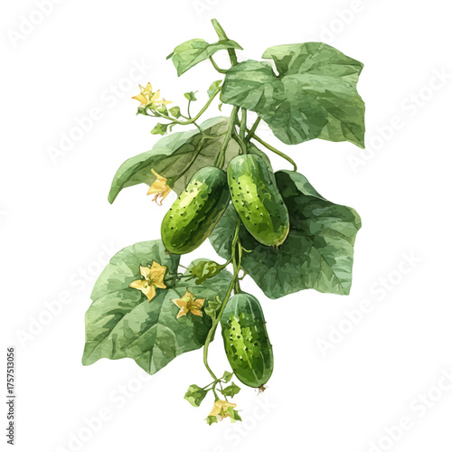 watercolor vector of Cucumber On Vine Set, isolated on a white background.