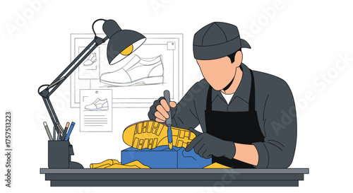 Artisan Skillfully Carves Intricate Design into Natural Material at Workbench Detailed Craftsmanship