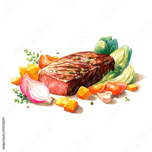 watercolor of Flat Iron Steak, vector, isolated on a white background.