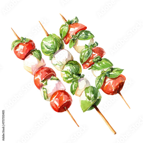 Set Of Mini Caprese Skewers, watercolor drawing vector, isolated on a white background.