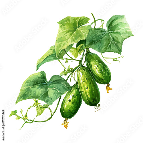 Cucumber On Vine Set, watercolor painting vector, isolated on a white background.