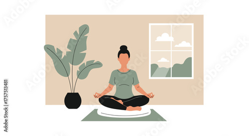 Woman Meditating Calmly Indoors Near a Potted Plant and Window