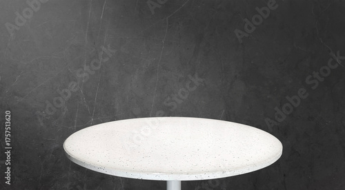 White Terrazzo Round Table Top on dark black marble Background With dramatic lighting. Modern Concrete Look table for Kitchen, Cafe, Bar, product displayed. Minimalist Design, Studio Shot, Copy Space.